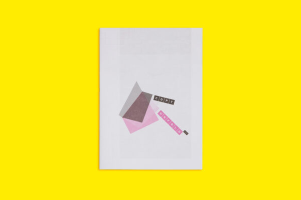 Front cover of unfold II, shows graphic of shapes mimicking an unfolding publication, in grey and dark pink, with title in capitals in squares coming off at angles.
